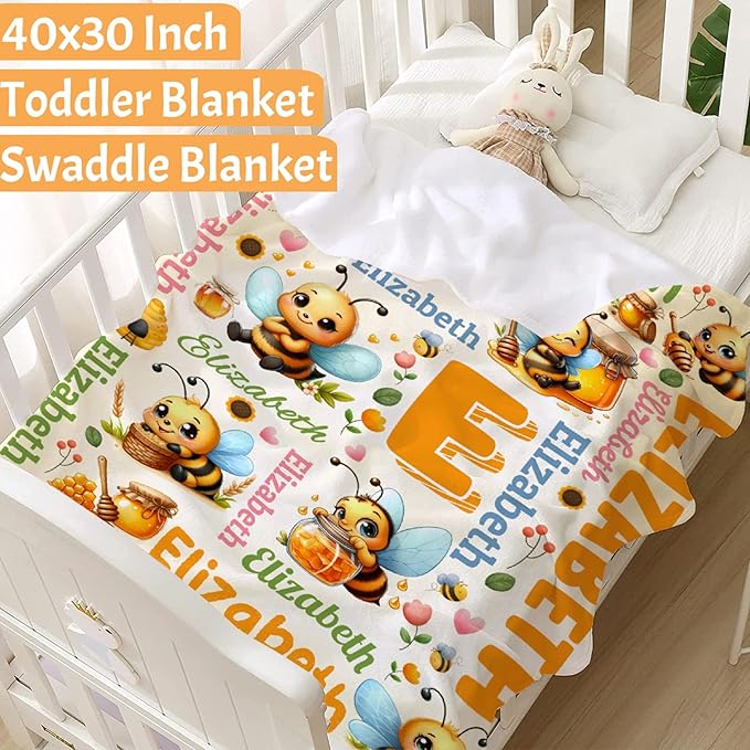 Personalized Custom Honeybee Preschool Blanket Gifts for Baby Toddler Kids Boys Girls - Customized Honeybee Super Soft Lightweight Flannel Sheets Decor for Crib Nap Couch - 30"x40" for Baby/Pets
