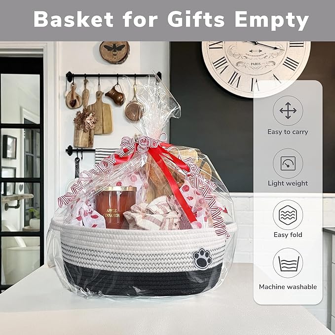 Dog Basket Gift Basket Empty, Woven Storage Baskets for Towels, Cute Dog Storage Bins with Handles, Small Cotton Rope Baskets for Shelf, 12 x 8 x 5 inches