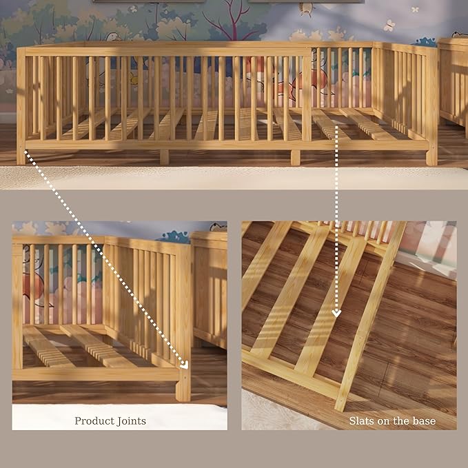 Montessori Floor Bed with Slats for Toddler 39.4'' x 75.2'' Twin | Pine Wood Natural Solid Frame Bed | Sturdy Design Floor Bed Frame for Boy and Girls (Twin, Height : 23.6 Inches)