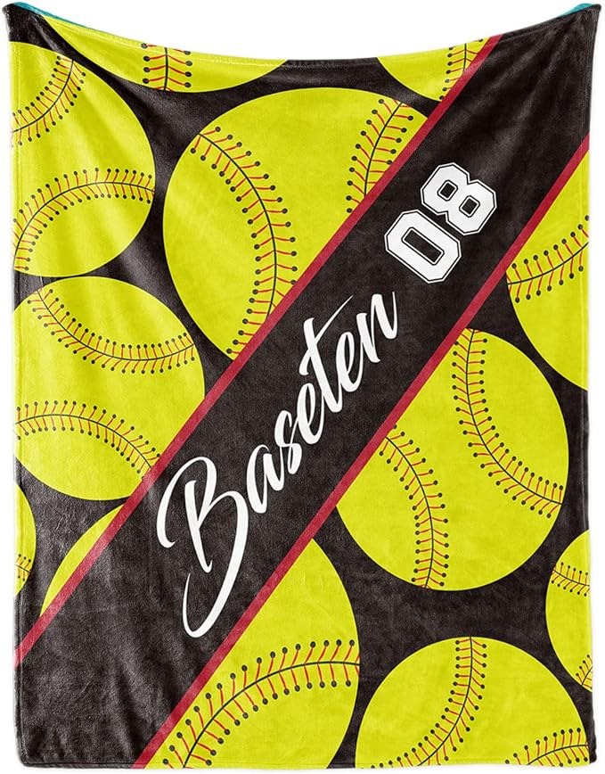 Personalized Softball Baby Blanket Gifts: Custom Soft Flannel Fabric Blankets with Name Number for 0-6 Years Kids Boys Girls - Warm and Comfortable(50X60inch)