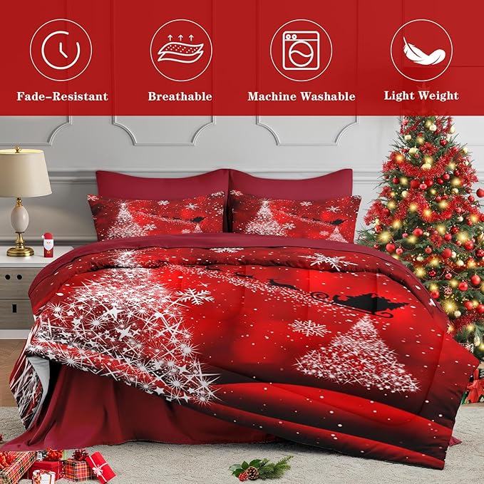 7 Pcs Queen Size Christmas Comforter Set with 2 Pillowcases & 2 Shams, Glitter Pine Tree Bedding for Kids and Adults, Winter Elegant Snowflake Bed in a Bag with Flat Fitted Sheet