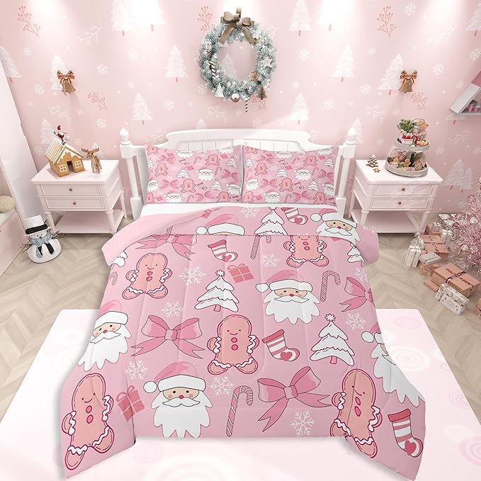 Feelyou Pink Christmas Bedding Set Soft for Boys Girls, Santa Claus Comforter Set Queen Size Gingerbread Man Duvet Quilt Microfiber Bow Candy Cane Bedroom Decor 3 Pcs with 2 Pillow Cases