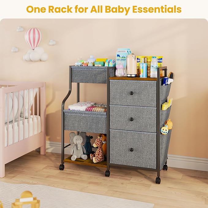 Baby Diaper Caddy, 3 Tier Baby Organizer and Storage Cart with Dividers and Drawers, Mobile Utility Rolling Cart, Baby Newborn Essentials Storage Cart with Wheels for Nursery, Bedroom, Grey