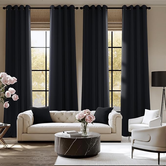 NICETOWN Blackout Curtains 63 inches Long Easy Care Grommet Drapes, Thermal Blackout Shades for Bedroom, Kids Room, Patio, Window, Laundry - Machine Washable, 2 Panels, W52 x L63, Black