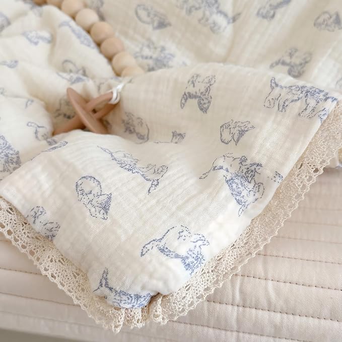 BuLuTu Baby Crib Quilt Cotton Muslin Toddler Blanket for Kids Boys Girls Soft Breathable Toddler Comforter Nursery Quilted Blankets with Lace Edges, 47x59 Inches, Blue Cat Pattern, No Pillow