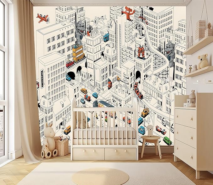 XMPMBM-Cartoon Comics City Nursery Room Fabric Wallpaper Kids Bedroom Hand-Painted Graffiti Wall Mural-W 176" X H 113"（138 Square Foot）