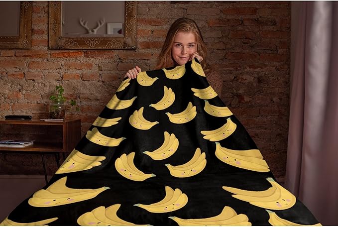 Thuswarm Cute Banana Kawaii Black Flannel Throw Blanket Warm Cozy Soft Funny Print Blankets for Bed Couch Sofa Room Decoration Gifts 80”×60” Large for Adult