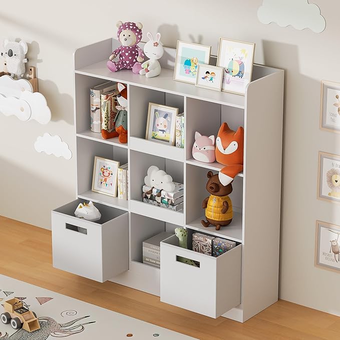 Kids Bookshelf with 9 Cube, Toy Storage Organizer with 2 Fabric Drawers, 3-Tier Freestanding Wooden Open Shelf Bookshelf, Modern Kids Display Bookcase for Bedroom, Living Room, Office, White