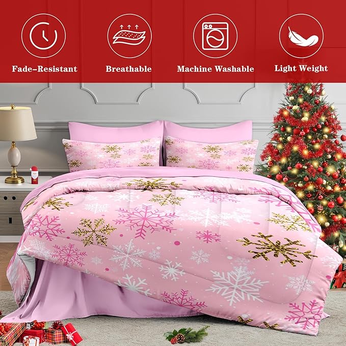 7 Pcs Queen Size Christmas Comforter Set with 2 Pillowcases & 2 Shams, Pink Winter Snowflake Bedding for Kids and Adults, Funny Sparkle Farm Bed in a Bag with Flat Fitted Sheet