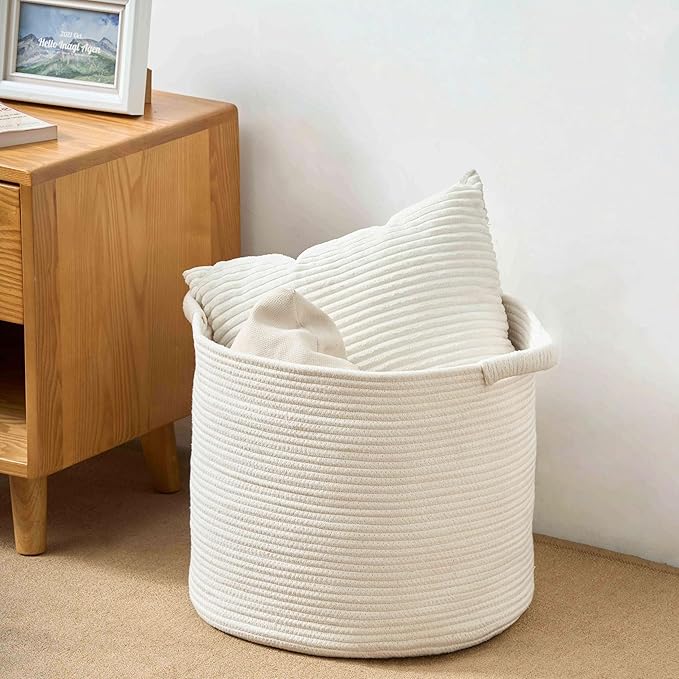 Blanket Basket - Woven Round Rope Storage Basket (16"Wx14"H) for Blankets & Throws, Small Laundry & Toy Organizer, Decorative Living Room & Bedroom Cotton Basket - All White