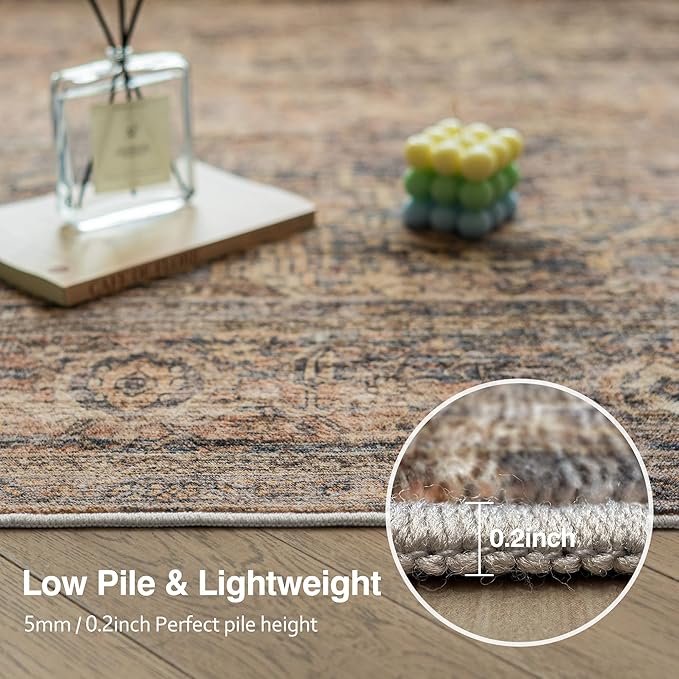 FMFUNCTEX 4x6 Washable Area Rug Neutral Vintage Rust Brown Distressed Non Slip Low Pile Traditional Indoor Carpet for Living Room Bedroom Soft Retro Throw Rug for Dining Office Kitchen Dorm Entryway