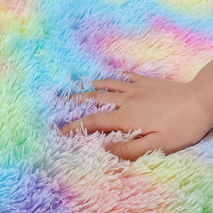 2x2 ft Small Round Rug for Girls Bedroom,Soft Shaggy Kids Rainbow Rugs Kawaii Colorful Carpet Fuzzy for Room Kids Bedroom Girls Dresser Playroom Nursery Storage Cabinet Decor