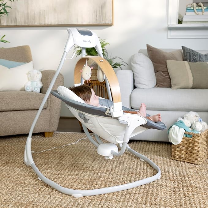 Ingenuity SimpleComfort Compact Baby Swing, Rotating Seat Swings in 3 Directions, 6 Speeds, 8 Melodies & 3 Nature Sounds, Ages 0-9 Months, Up to 20 Pounds - Parker