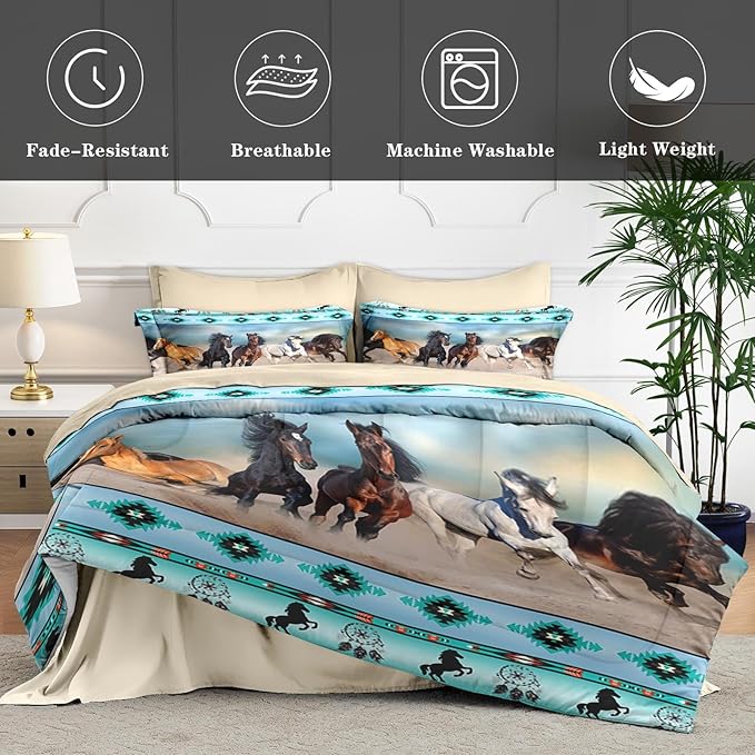 5 Pcs Twin Size Comforter Set with Pillowcase & Sham, Horses Western Bedding for Kids and Adults, Tribal Sunset Run Bed in a Bag with Flat Fitted Sheet