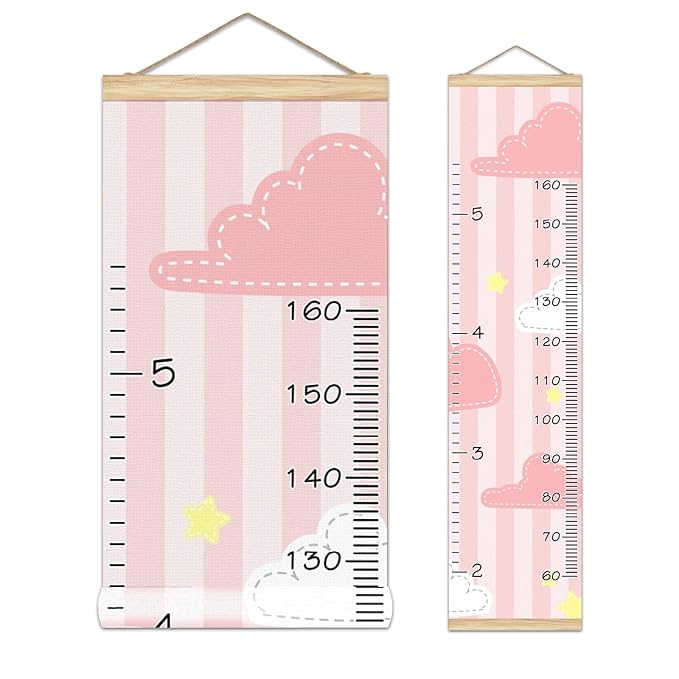 Personalized Kids Name Growth Chart Ruler for Wall Wood Frame Height Measure Chart 13.4x56 in Linen Hanging Height Growth Chart Cute Pink Kids Room Decor