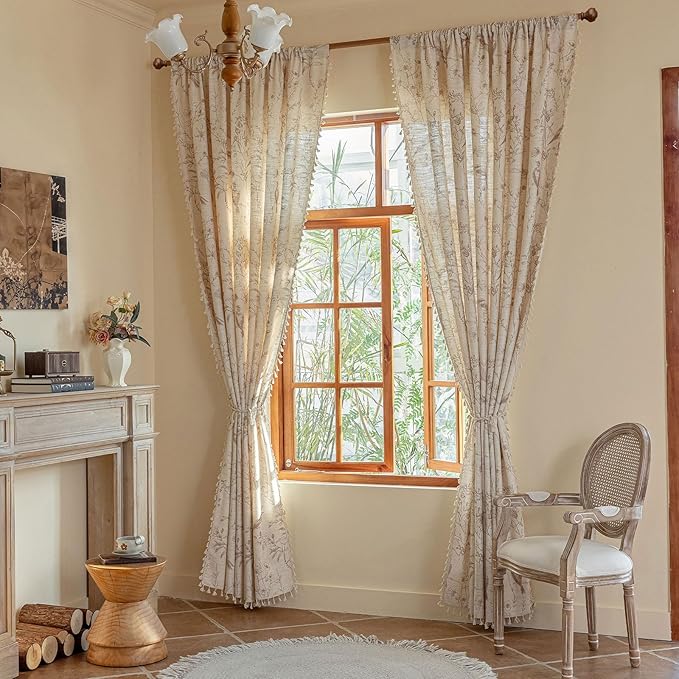 ENJOYBRIDAL Floral Curtains 84 Inches Long Farmhouse Semi Sheer Drapes Bird Patterned Rod Pocket 2 Panel Sets Boho Window Curtains Bedroom Living Room Botanical Aesthetic Decor Tassel Window Treatment