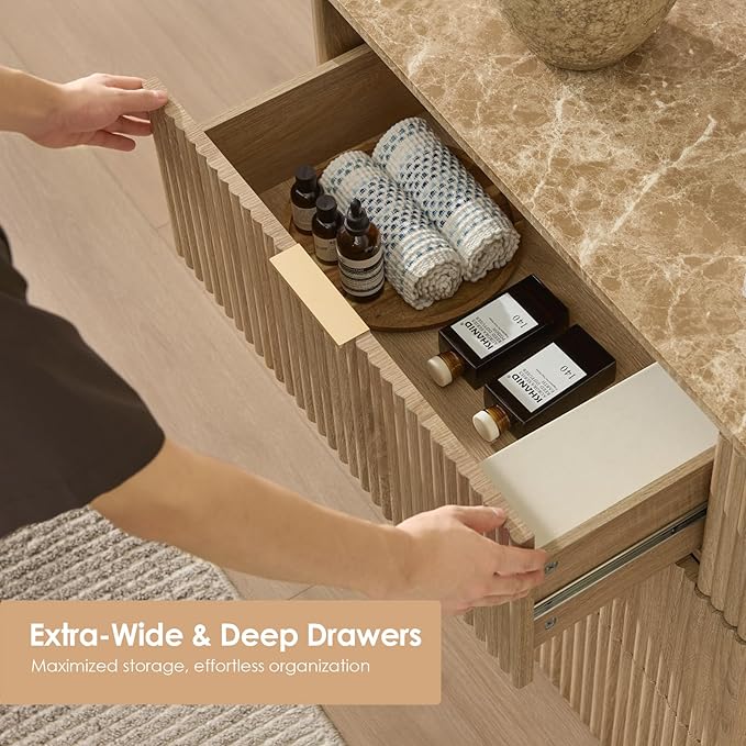 Fluted 6 Drawer Dresser for Bedroom, 54.5" Wide Modern Chest of Drawers with Faux Marble Top, Curved Corners Design, Wooden Dresser TV Stand with Organizer Storage for Living Room, Natural Oak