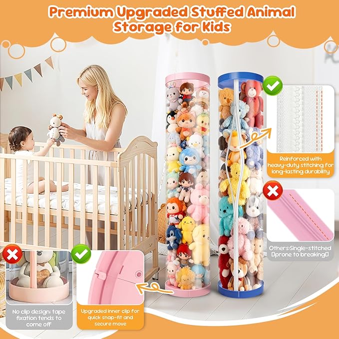 2 Pack Stuffed Animal Storage Tube - Clear 60 inch Large Vertical Toy Organizer, PET Transparent Display Holder for Plushies, Kids Stuffed Animals Zoo for Playroom, Living Room, Bedroom (Pink+Blue)