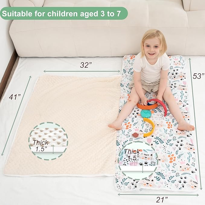 Viviland Toddler Nap Mat with Pillow and Minky Dot Blanket, Rolled Sleeping Mats/Slumber Bag, Large Thick Kids Nap Mat for Preschool, Daycare, Kindergarten, Travel Camping -Cute Cat