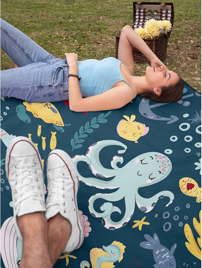 Thuswarm Cute Blue Sea Creatures Octopus Whale Flannel Blanket for Autumn Winter Gifts Warm Cozy Soft Funny Print Throw for Bed Couch Sofa 120”×90” Extra Large for Family