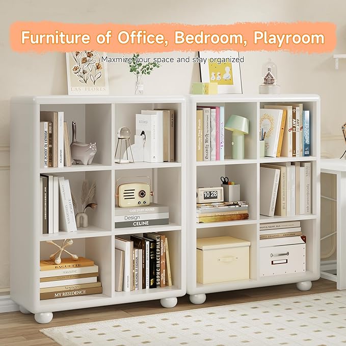Kids Bookshelf, Large Wooden Bookcase with 6 Cube Storage, Girl Toy Storage Organizer Cabinet with Child Safe Paint&Thick Board, Boy Tall Book Shelves Nook for Office Playroom Living Room (White)
