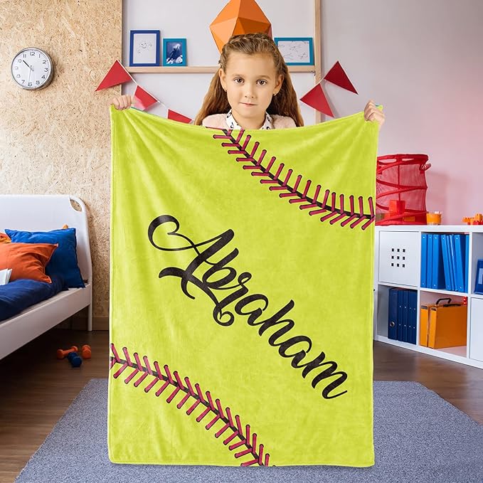Personalized Softball Kids Blanket with Naumber and Name - Custom Sport Bed Blankets Gift for 0-3 Months Baby Essential and Warm 30x40inch