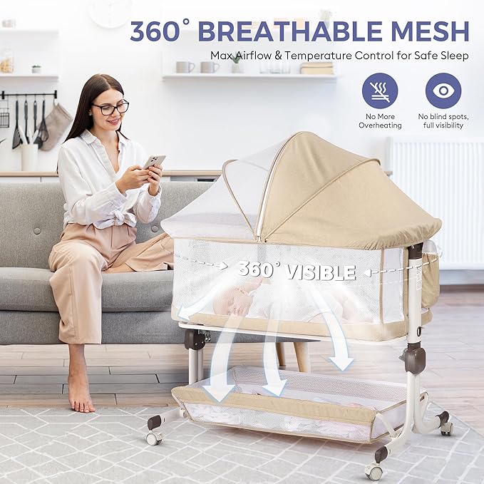 Baby Bassinet Bedside Sleeper, Upgraded Stability Bedside Crib with Full Mesh Sides, Soft Sheet, 6-Height Adjustment, Storage Basket, Easy Folding Portable Bassinet for Newborns, Oatmeal