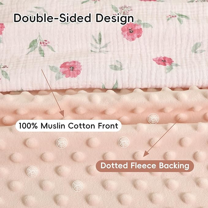 david's kids Muslin Minky Baby Blanket for Girls with Muslin Cotton Front and Dotted Fleece Backing, Breathable and Soft Lightweight Receiving Blanket for Newborns, 40x50 Inches, Pink Floral