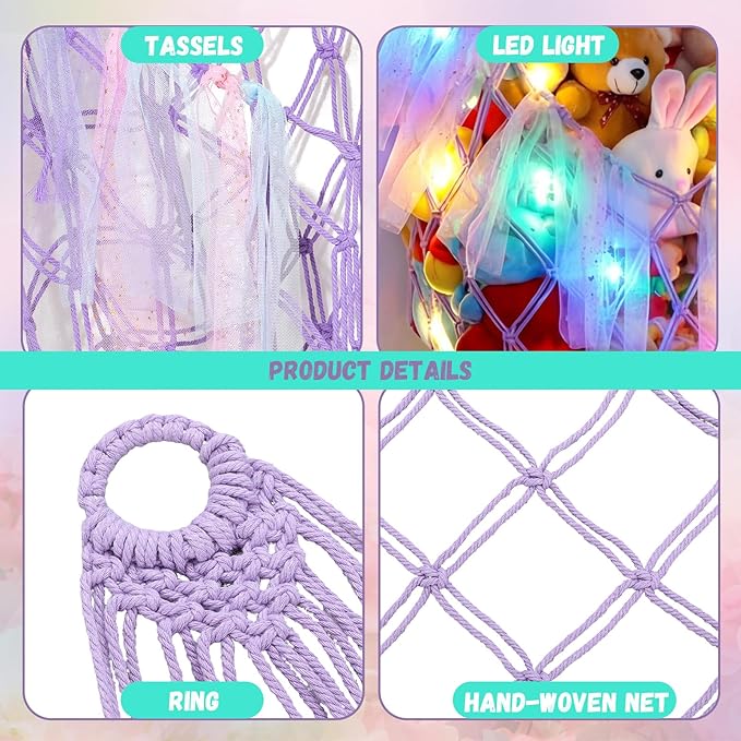 Stuffed Animal Storage Organizers with LED Lights 59 Inch Large Toy Storage Stuffed Animal Hammock Macrame Toy Display Plush Holder Wall for Bedroom Decor Boho Nursery Playroom Organizer