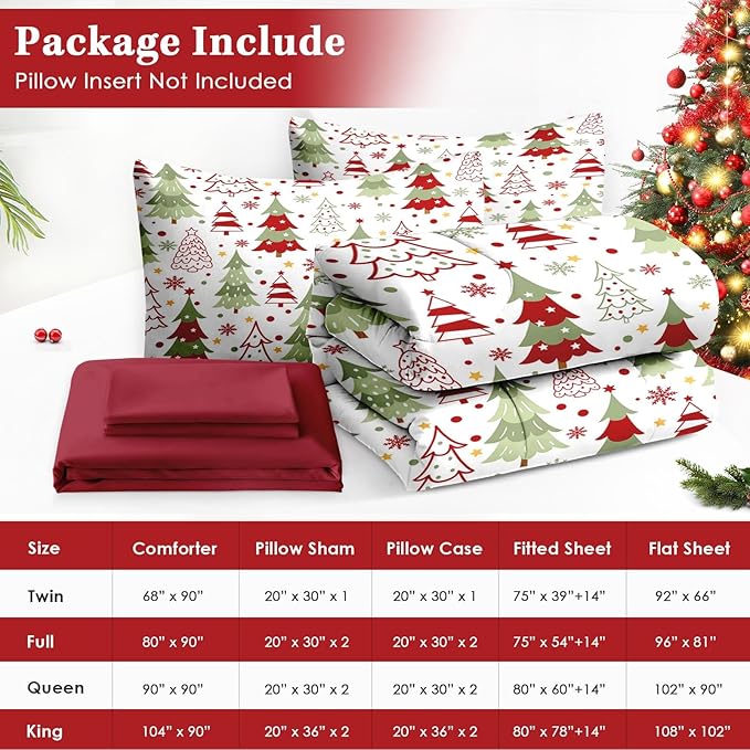 7 Pcs Full Size Christmas Comforter Set with 2 Pillowcases & 2 Shams, Colorful Xmas Tree Bedding for Kids and Adults, Funny Winter Holiday Bed in a Bag with Flat Fitted Sheet