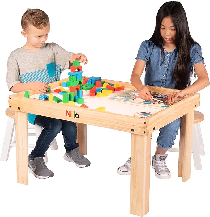 NILO Kids Activity Table Set with Two Double-Sided Baseplates/Boards/Mats (N34 Play Table with Holes, 24x32x20 and 2X Blue Base Plates 12x32)