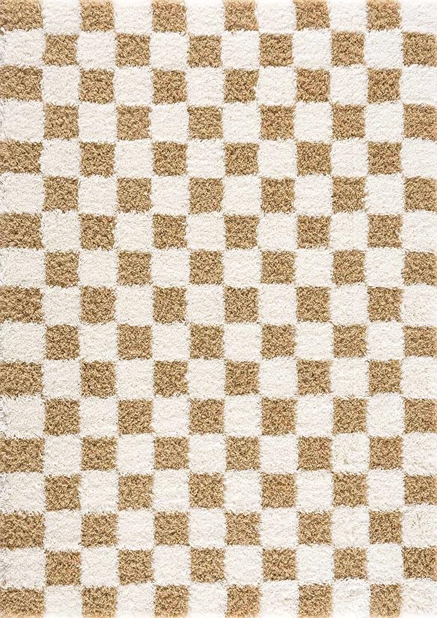 Hauteloom Atira Contemporary Checkered Fluffy Shag Area Rug - Modern Geometric Carpet Tiles for Living Room, Kids Room, Nursery - Plush Pile - Light Mustard,Cream - 4' x 6'