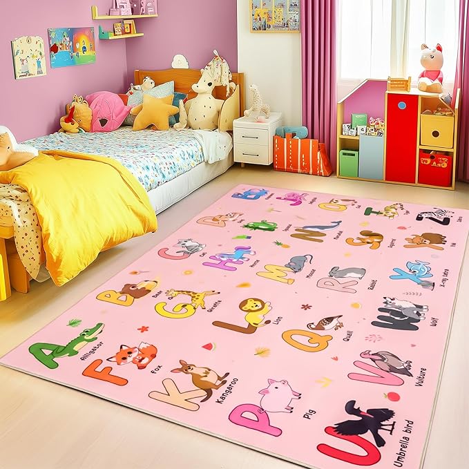 Kids Rugs for Playroom, 3x4 Feet Educational Rug for Learn The ABC Alphabet, Soft Machine Washable Non-Slip Cute Cartoon Animals Carpet for Classroom Toddler Nursery Kids Room Decor, Pink