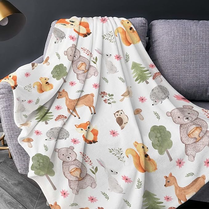 Thuswarm Cute Animals in The Woodland Flannel Blanket for Autumn Winter Gifts Warm Cozy Soft Funny Print Throw for Bed Couch Sofa 80”×60” Large for Adult