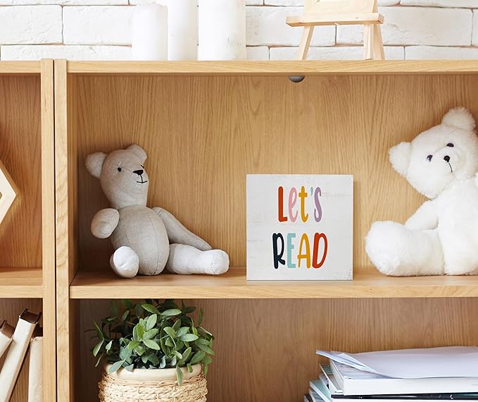 Nursery Let's Read Wood Box Sign Desk Decor,Boho Reading Wooden Block Sign Decorations for Home Classroom Reading Nook Reading Room Wall Tabletop Shelf Decor