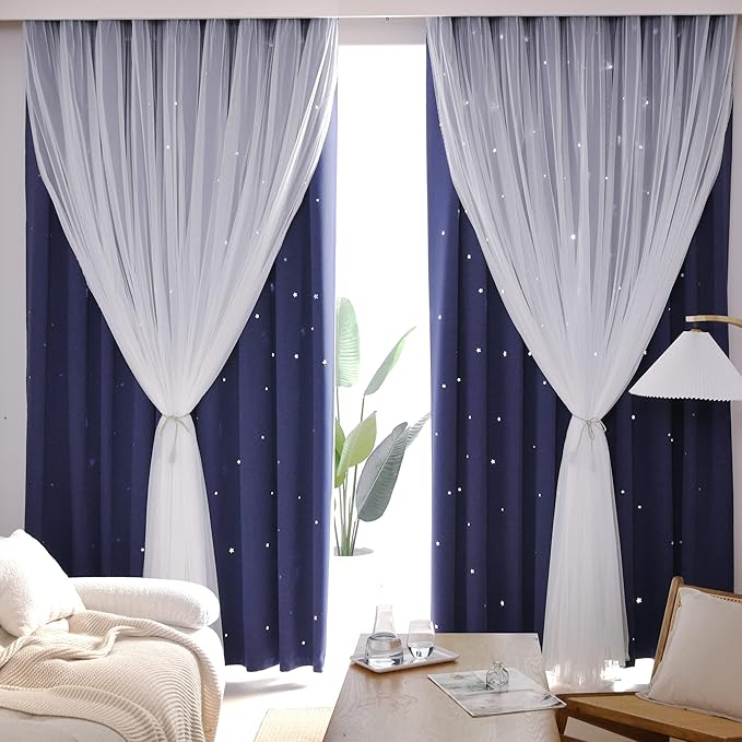 Kinryb Kids Star Cutout Curtains for Bedroom/Living Room/Classroom,2 Free Tiebacks Sheer Overlay 2 Panel Set, Double Layer Curtains for Kids Room(Each Piece W70xL72 Inches 2 Pcs Navy Blue)