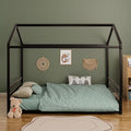 Harper & Bright Designs Full Size Montessori Floor Bed for Children, Metal House Bed Frame with Roof and Fence, Kids Floor Bed Frame for Boys Girls, Easy Assemble, No Slats,Black