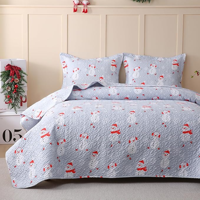 JSD Blue Snowman Christmas Kids Quilt Set Full/Queen, 3 Pcs Christmas Beddings Soft Microfiber Bedspread Coverlet Holiday Quilted Blanket