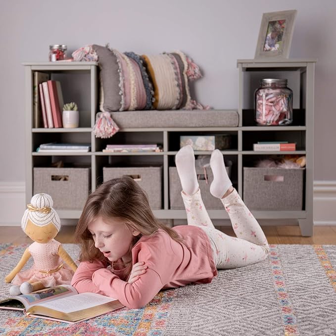 Martha Stewart Kids' Reading Nook - Gray: Wooden Storage Bench Bookcase Organizer with Seat Cushion, Book Shelves, and Fabric Bins for Bedroom or Playroom