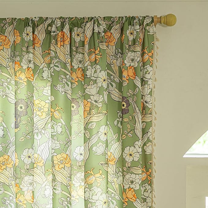 ENJOYBRIDAL Floral 96 Inch Curtains for Living Room Semi Sheer Drapes Bedroom Cute 2 Panels Long Window Curtain Panels Boho Rod Pocket Country Farmhouse Dining Room Window Treatments