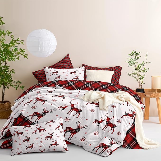Christmas Duvet Cover Twin Size Red Gingham Christmas Deer Bedding Set 2 Pieces Kids Boys Girls Grid Checked Xmas Snowflake Elk Comforter Cover with Zipper Closure And 1 Pillowcase (No Comforter)