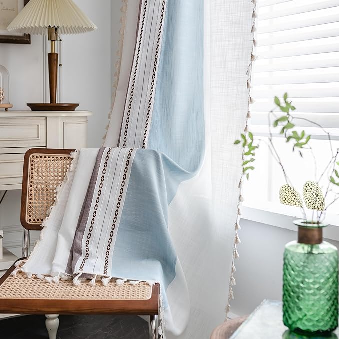 Deeprove Boho Linen Curtains 84 inch for Bedroom Living Room, Semi Blackout Textured Farmhouse Tassels Window Treatment Bohemian Embroidery Drape Rod Pocket 1 Panel 52" W x 84" L, Blue and Brown