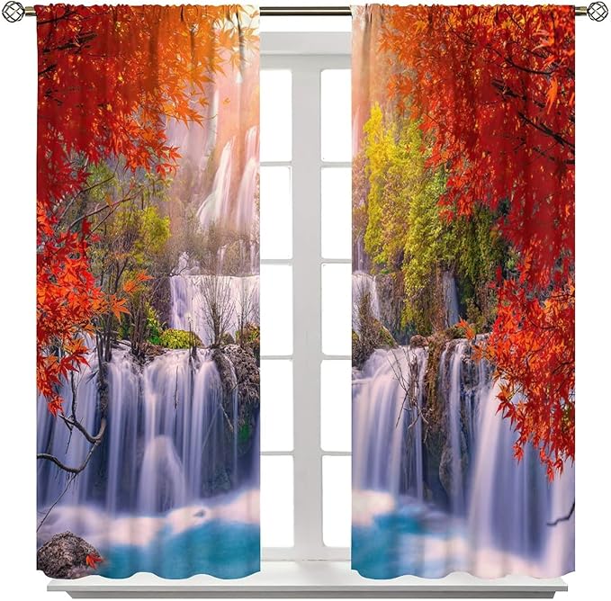 Forest Waterfall Blackout Windows Curtains, Autumn Red Green Maple Leaves Jungle Rainforest Natural Scenery Landscape Curtains, for Living Room Bedroom 42x63in 2 Panels