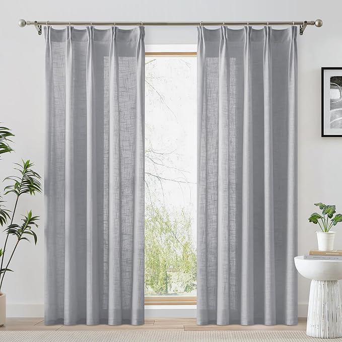 FMFUNCTEX Linen Semi Sheer Curtains 108 Inches Long for Living Room, Grey Pinch Pleated Curtains for Bedroom, Light Filtering Extra Long Farmhouse Window Drapes Rod Pocket Back Tab 2 Panels Set