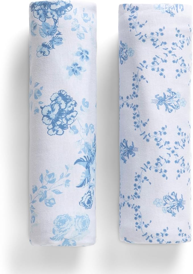 Delta Children 100% Organic Jersey Cotton Baby Receiving Blankets for Girls and Boys – 30x40 Inches - GOTS Certified (Pack of 2), Blue Botanicals
