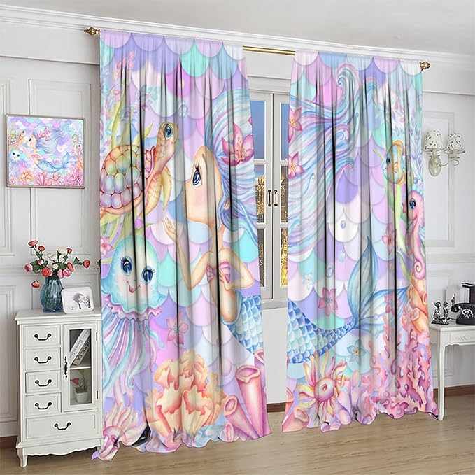 Fantasy Mermaid Curtain Dream Cartoon Marine Organisms Turtle Coral Ocean Theme Dream Blackout Window Treatment for Kids Girls Bedroom Nursery Room Decor Rod Pocket Window Drapes 84x84in