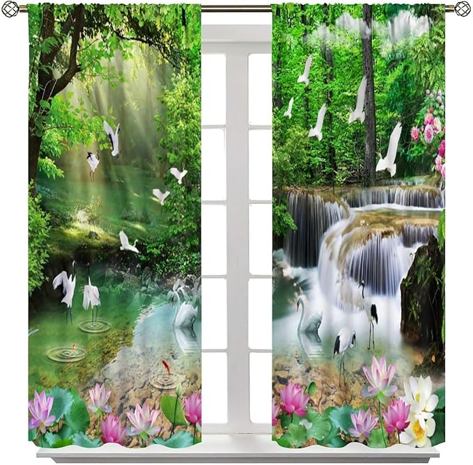 Nature Blackout Curtain, Waterfall Landscape Forest Swan Fish Pattern Rod Pocket Window Drapes, for Bedroom Living Room 63" W X 72" L
