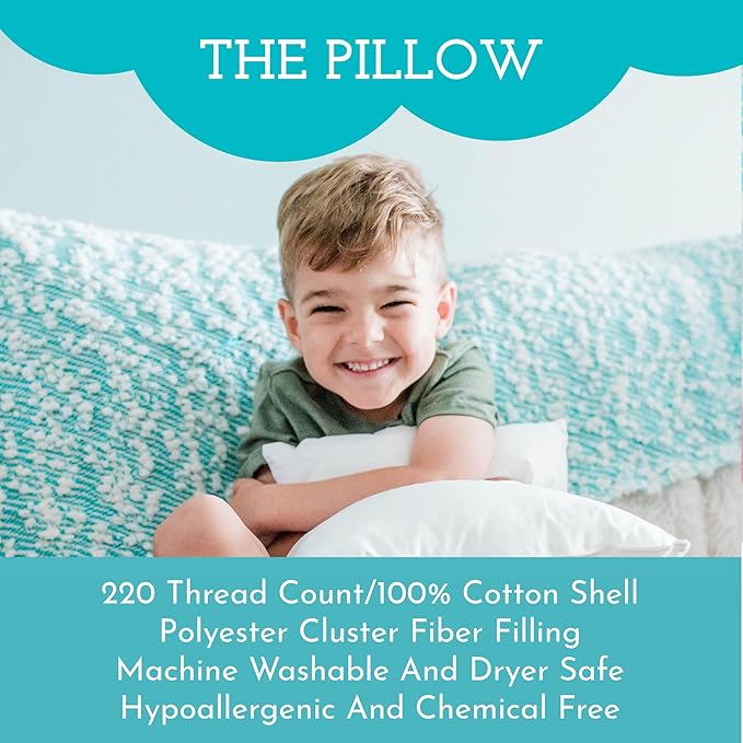 Little Sleepy Head Youth Pillow with Pillowcase 16x22, Jumbo Toddler Pillow, Hypoallergenic Pillowcase - Best Kids Pillows for Sleeping, Perfect Kids Travel Pillow (Checkers Baby Blue)