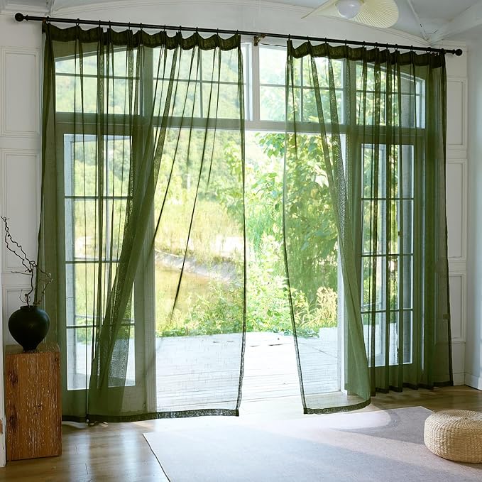Olive Green Sheer Curtains 102 Inch Long 2 Panels, Dark Textured Linen Look See Through Drapes, Thin Light Filtering Window Treatments, DIY Pinch Pleat Sliding Glass Door Curtain