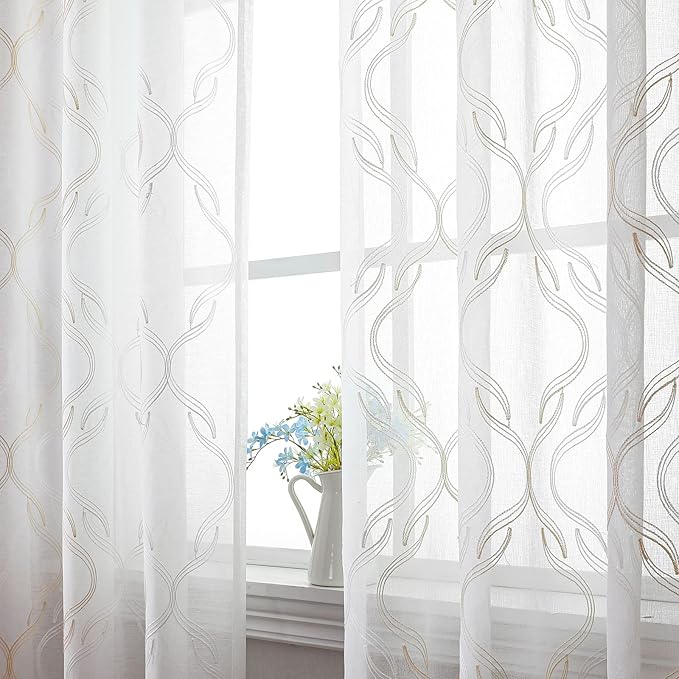 VISIONTEX Sheer Curtains 84 Inches Long 2 Panels Set, Beige and Ivory Two Tone Textured Moroccan Embroidery Geometric Rod Pocket Ivory Voile Tulle Semi Window Treatment Pair for Bedroom, W54 x L84